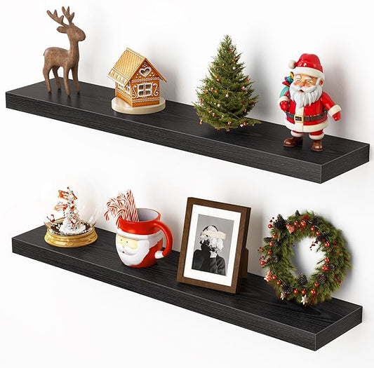Heimlove Floating Shelves for Wall 32 Inch,Mounted Storage Wood Shelves with Invisible Brackets Hanging Shelf for Bedroom Living Room Kitchen Office,Set of 2,Black