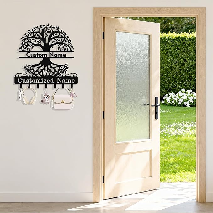 Personalized Tree of Life Key Holder Wall Mount, Custom Metal Key Holder for Wall with Name, Custom Keys Rack Hanger with Hooks for Entryway, Front Door, Hallway, Living Room, Kitchen