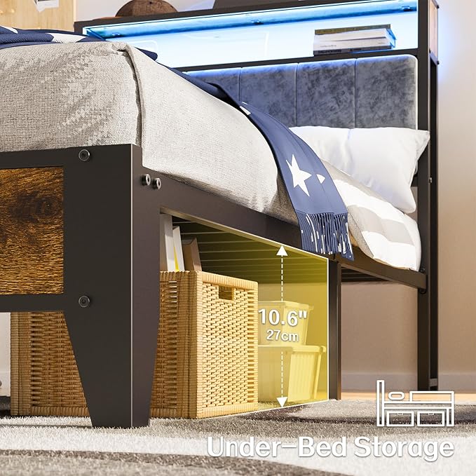 OLEVS Twin Bed Frame with LED Light Storage Headboard and Charging Station Type C, Metal Platform Bed Twin Size,No Box Spring Needed, Noise Free, Easy Assembly