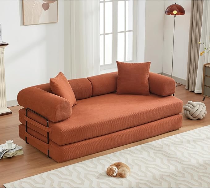 Convertible Sleeper Sofa Bed with Cylindrical Pillow, Corduroy Folding Mattress Couch with Fixed-Shape Frame, Floor Sofa Lounge Couch for Living Room Bedroom Lounge Studio, Orange