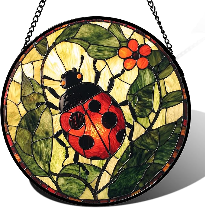 Stained Glass Window Hanging - Red Ladybug Green Plant Flower Sun Catcher for Door Home Decor Insect Suncatcher Christmas Mother's Day Birthday Gifts for Women Men Mom Nana 11.8 in
