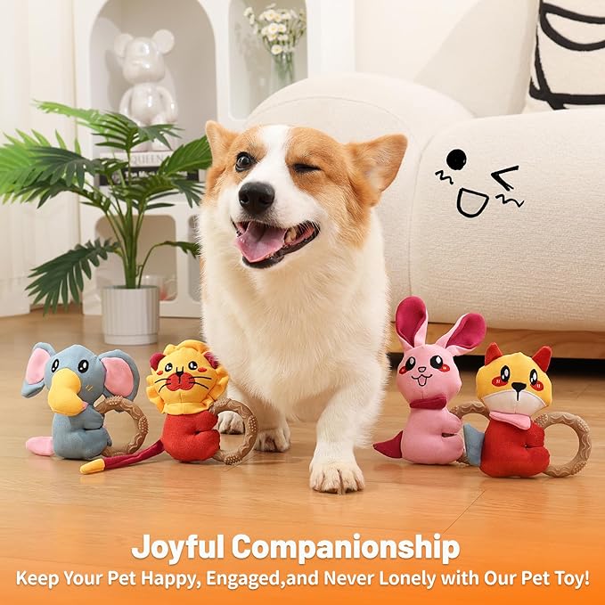 4-Pack Puppy Teething Toys, Dog Squeaky Toy to Keep Them Busy, Stuffed Toy with TPR Ring, Durable Dog Chew Toys for Small Breed