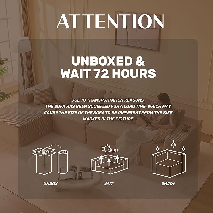 138" Boneless Couch with Deep Seat, Modular Sectional Sofa, Cloud Sectional Couch for Living Room, No Assembly Required, Corduroy, 4 Seater L-Shape Left, Camel