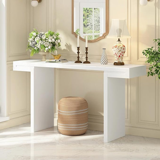 Modern U-Style Console Table, 60-Inch Black MDF Entryway Table with Geometric Design, Painted Finish, Adjustable Feet for Living Room, Hallway, 60 x 15.7 x 31.7 Inches