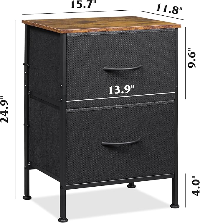 WLIVE Nightstand, Nightstand with 2 Drawers, Bedside Furniture, Night Stand, Small Dresser for Bedroom, College Dorm, End Table with Fabric Bins, Dormitory, Black and Rustic Brown, Size L