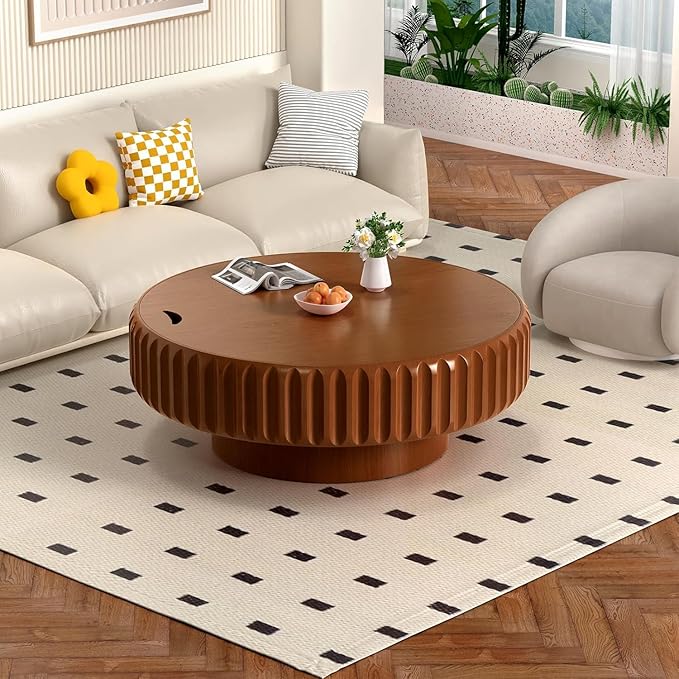 Round Drum Coffee Table White Fluted Coffee Table Circle Center Table Pedestal End Table for Apartment (Brown 39.4)