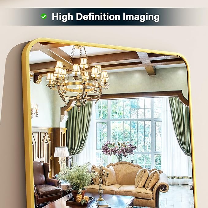 64"x21" Full Length Mirror, Full Body Rounded Corner Rectangle Mirrors with Stand, Standing or Leaning Metal Framed Floor Mirror, Wall Mounted Mirrors Hang Horizontally or Vertically, Gold