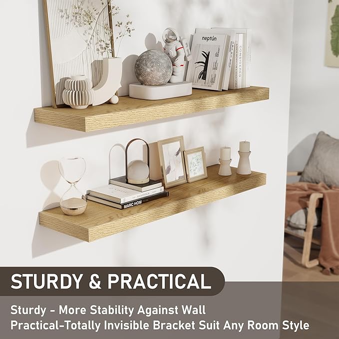 Fun Memories 36 Inch Floating Shelves, Wall Shelves Set of 2 for Bathroom/Living Room/Bedroom/Kitchen, Wall Mounted Floating Shelf for Home Decor with Invisible Brackets, Oak
