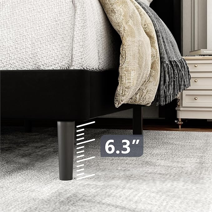 Full Size Bed Frame with Upholstered Wingback Headboard, Easy Assemnly Platform Bed, Wooden Slat Support No Box Spring Needed, Black