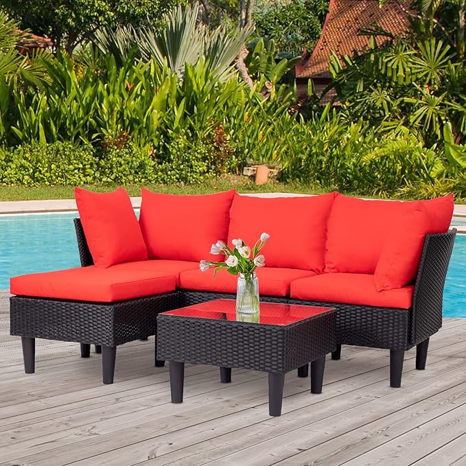 FDW Patio Furniture Sets 5 Pieces Outdoor Wicker Conversation Set Sectional Sofa Rattan Chair for Outdoor Backyard Porch Poolside Balcony Garden Furniture with Coffee Table,Red Cushion
