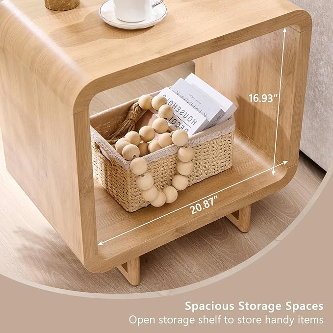 23.6" Modern End Table Set of 2, 2 Tier Side Table with Charging Station, Simple Bedside Table with Open Storage Shelf, Outlet, Wooden Nightstand for Bedroom, Living Room, Study, Natural Oak