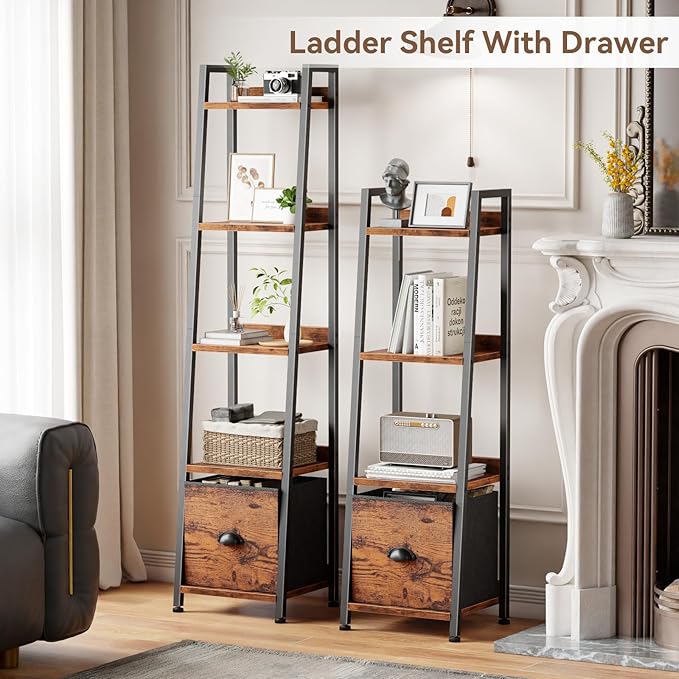 Furologee 4 Tier Narrow Ladder Shelf, Ladder Bookshelf with Drawer, Industrial Shelves Storage Rack Organizer,Skinny Display Shelving Units for Living Room, Home Office, Bedroom,Rustic Brown