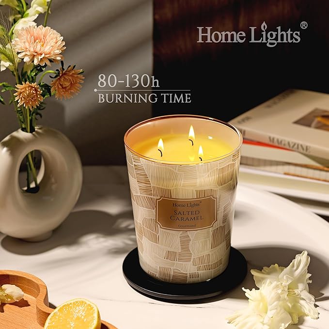 HomeLights Large jar Candle | 3-Wick Long-Lasting Scented Candles, 34oz Natural Soy Wax Candle for Home Scented, Rustic Modern Gifts for Women & Men, Salted Caramel