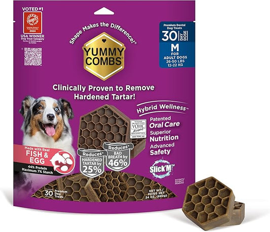 Yummy Combs Dog Dental Treats – Fish & Egg Protein – Vet VOHC Approved, Removes Tartar – A Daily Teeth Cleaning Treat for Medium Dogs (30 Count)