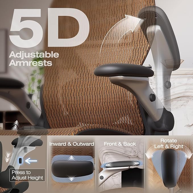 ELABEST X100 Ergonomic Office Chair with Footrest, Big and Tall Home Desk Chair with 5D Flip-Up Arms, Adjustable 3D Lumbar Support,High Back Rolling Computer Chair, Swivel Mesh Chairs