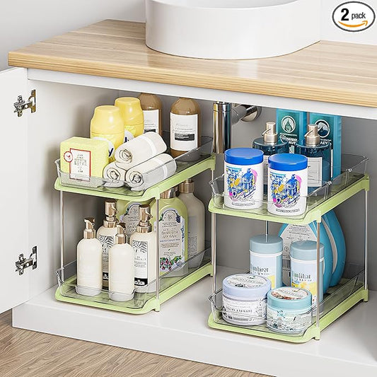 Delamu 2-Tier Multi-Purpose Bathroom Under Sink Organizers and Storage, Stackable Kitchen Pantry Organization, Pull Out Medicine Cabinet Organizer with Movable Dividers, Green, 2 Pack