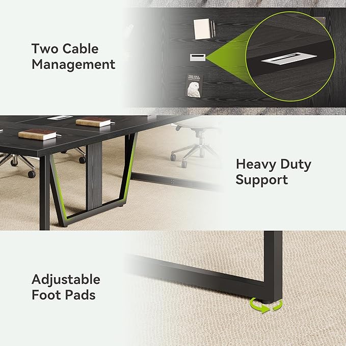 LITTLE TREE 8FT Conference Table for 10 People, Large Meeting Table, Modern Wooden Conference Room Table with Cable Management, Business Training Table with Strong Metal Legs for Office, Black