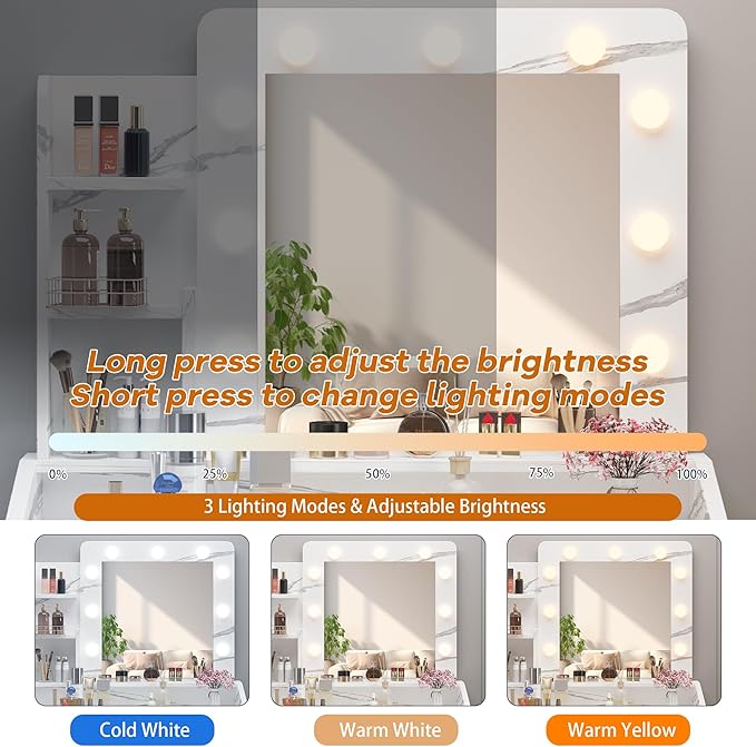 Vanity Desk with Mirror and Lights for Bedroom, Marble White Modern Makeup Table with 2 Drawers, 3 Light Modes & Dimmable LED, Includes Stool