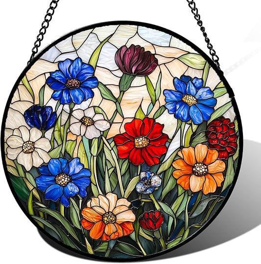 Stained Glass Suncatcher, Colorful Flowers Green Leaf Sun Catcher Landscape Stain Glass Window Hanging Decoration Mother's Day Birthday Gifts for Women Men Mom Nana 7.8 in
