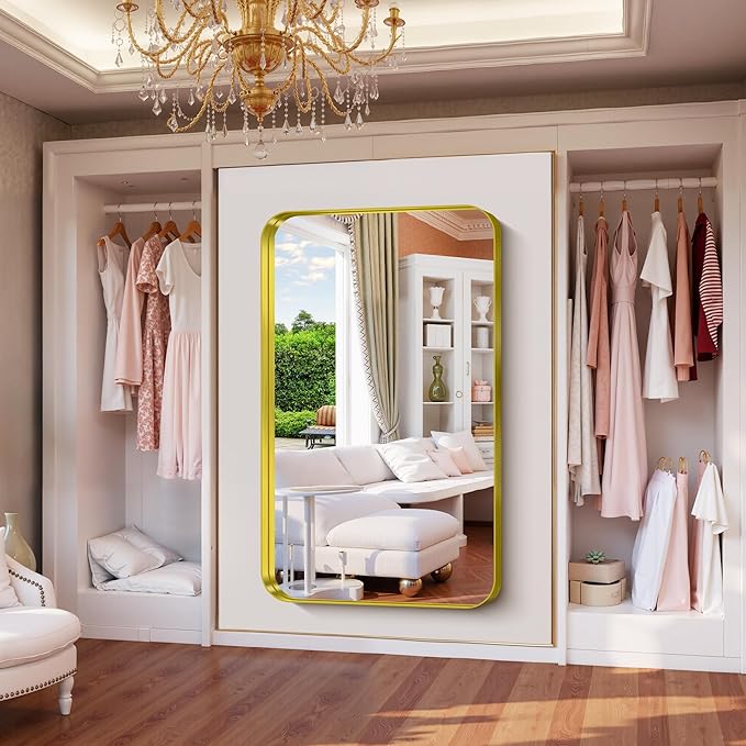 FORBATH 60x36 Inch Large Bathroom Mirror for Double Sinks, Brushed Gold Deep Frame Wall Mirror with Rounded Corners, Anti-Rust Tempered Glass for Modern Farmhouse Vanity (Horizontal/Vertical)