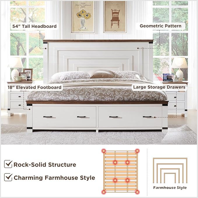 RedLemon Farmhouse King Size Bed Frame w/ 54" Tall Geometric Headboard, Rustic Wood Platform Bed w/ 2 Large Storage Drawers, Wood Slats Support, Noise Free, No Box Spring Needed, Antique White