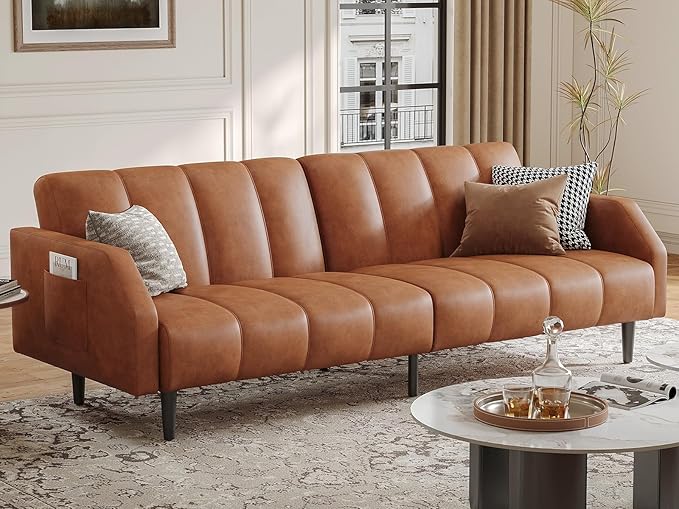Fadware Faux Leather Couch, Convertible Futon Sofa Bed with Adjustable Backrest, Mid Century Leather Sofa Loveseat with Side Pockets& Metal Leg, Modern Leather Sleeper Sofa for Living Room Bedroom