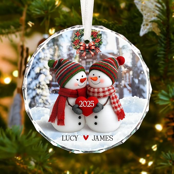 NAZENTI Personalized Snowman Couple Ornament 2025, Custom Glass Christmas Ornaments with Names, Snowman Lovers Holiday Decoration, Romantic Gift for Couples Newlyweds Keepsake 02