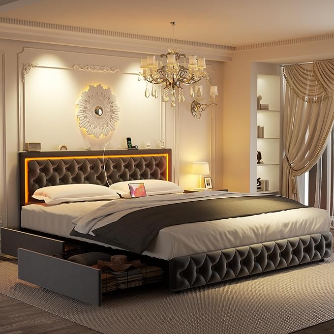 Full Bed Frame with 4 Storage Drawers, Velvet Upholstered Bed Frame Full Size with Charging Station and LED Lights, 46" Adjustable Button Tufted Headboard, No Box Spring Needed, Grey
