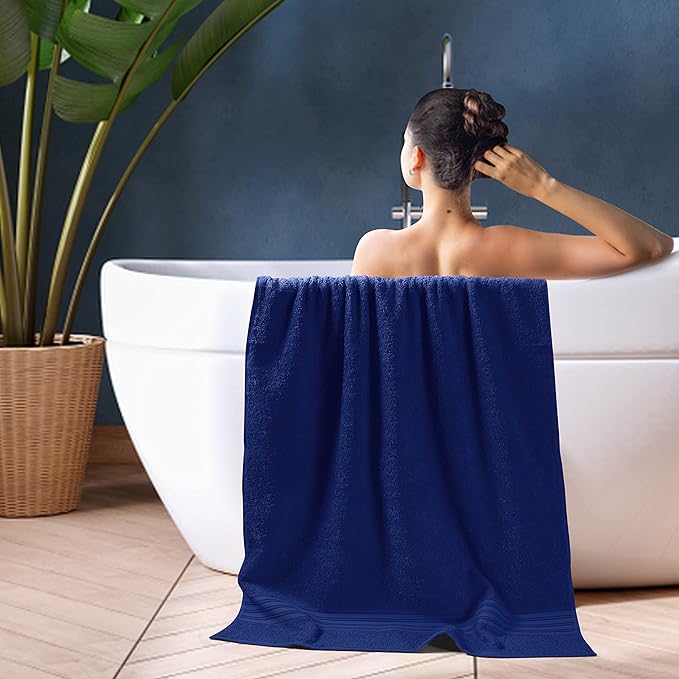 BOUTIQUO 100% Cotton 2 Pack Bath Towel Set 28x55, Eco-Friendly Large Bath Towels, Compact Quickdry Lightweight Soft & Highly Absorbent Bath Towel, Ideal for Everyday Gym Travel Camp Pool - Navy Blue
