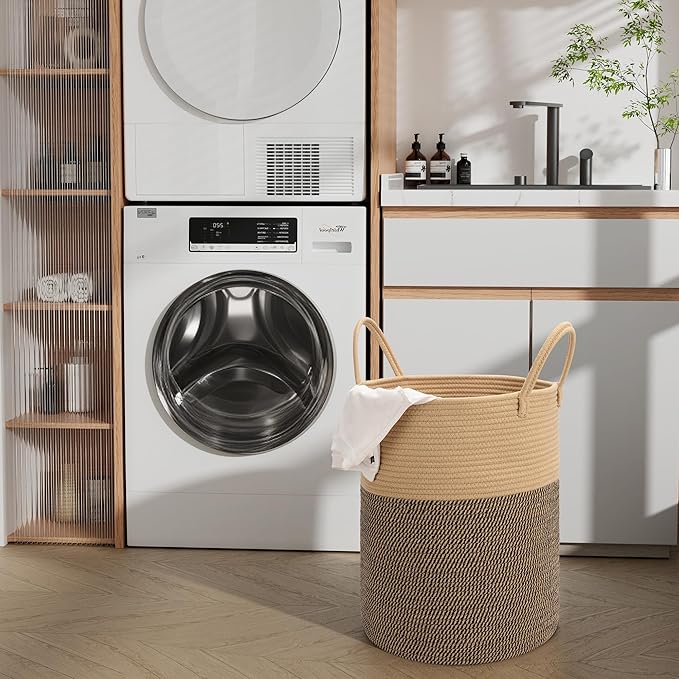 58L Cotton Rope Laundry Basket (20"x15"),Woven Basket for Storage Dirty Clothes Basket for Laundry, Living Room, Nursery, Bedroom Rope Storage Basket for Blankets（Brown/Stitches）