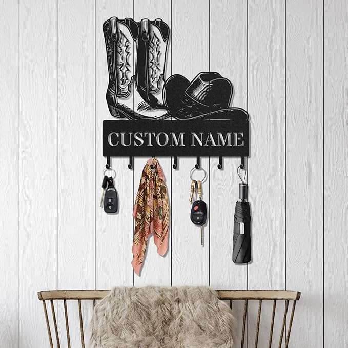 Personalized Key Holder for Wall, Custom Metal Cowboy Key Hooks with Name, Meta Jacket Holder Hooks Organizer Rack, Jacket Hanger Decor for Kitchen, Entryway, Hallway, Office, Doorway