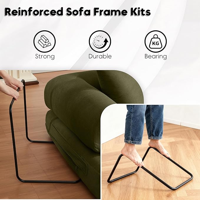 Convertible Folding Couch Bed, Comfy Corduroy Sleeper Floor Sofa Bed with Fixed-Shape Frame, Floor Sofa with Armrest, Lounge Couch for Living Room Bedroom Lounge Studio, Green