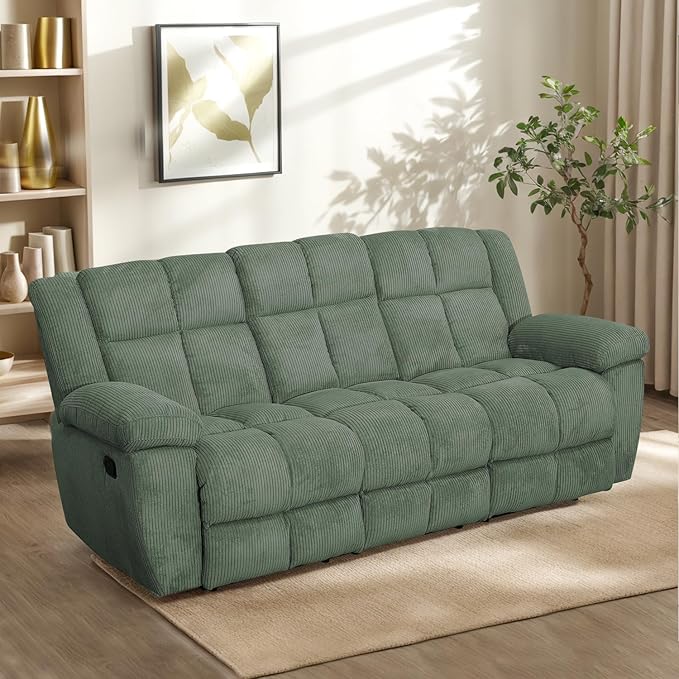 Manual Recliner Sofa Set,Corduroy Reclining Couch Set,Modern Living Room Furniture Set,Reclining Sofa Couch Chair for Living Room Home Office(Green,Sofa+Loveseat)