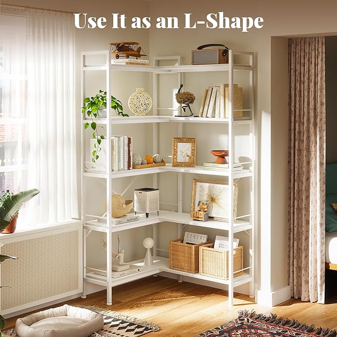 Huuger 5 Tier Bookshelf, L Shaped Corner Bookshelf with 10 Open Shelves, 49.4 Inch Straight Wide Bookcase with Metal Frame and Wooden Board, Adjustable Feet, White