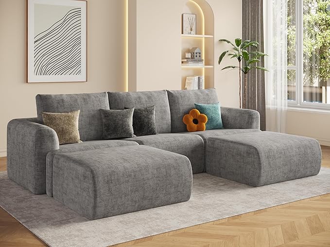 EASE MOOSE Cloud Couch Sectional Sofa, Large U-Shaped Oversized Modular Couch for Living Room, Minimalist Boneless Couches with Ottoman, 5-Seat Deep Sofas for Bedroom, Chenille (Light Grey)