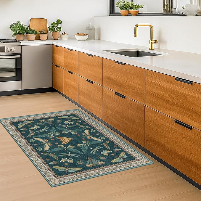 Emerald Green Entry Rugs for Inside House - 2x4 Kitchen Rugs Non Slip for Bathroom, Powder Room, Vintage Unique Colorful Décor, Washable Stain & Fade Resistant