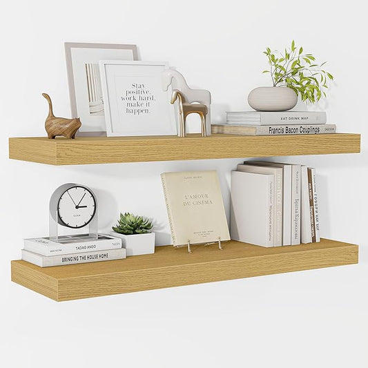 Fun Memories Floating Shelves 32 Inch Long, 9.3Inch Deep Floating Shelves for Wall, Extra Deeper & Thicker Wall Mounted Storage Shelf for Kitchen, Farmhouse, Oak, 2 Pack