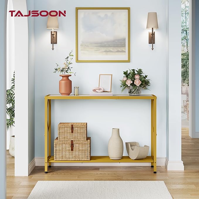 Tajsoon Entryway Table 41.8”, 2-Tier Entry Way Console Entrance Table, Narrow Sofa Table with Shelves, Ideal for Hallway, Entryway, Living Room, Foyer, Corridor, and Office (Gold & White)