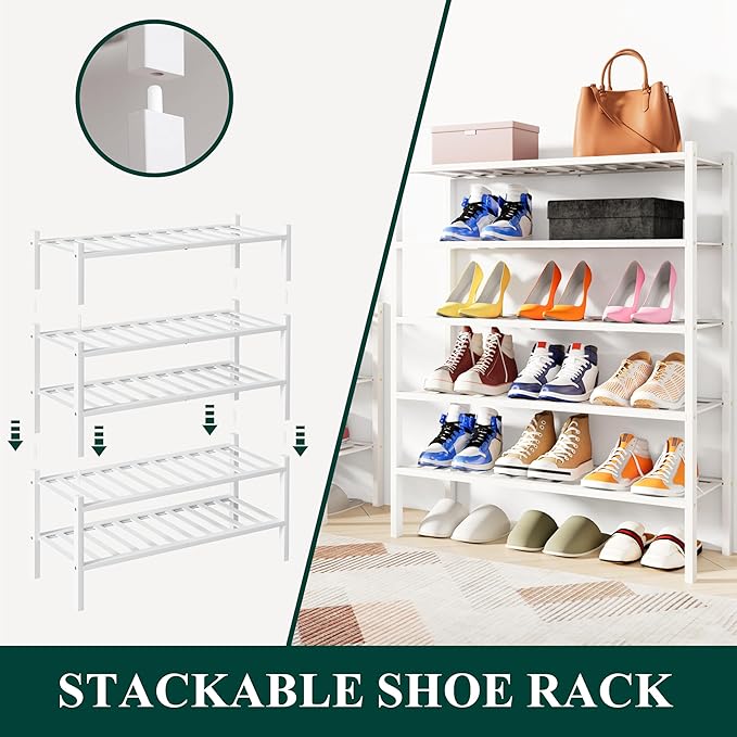 Smiry Shoe Rack, 3 Tier Small Bamboo Shoe Organizer, Stackable Free Standing Wooden Shoe Storage Shelf for Closet, Entryway, Front Door Entrance, White