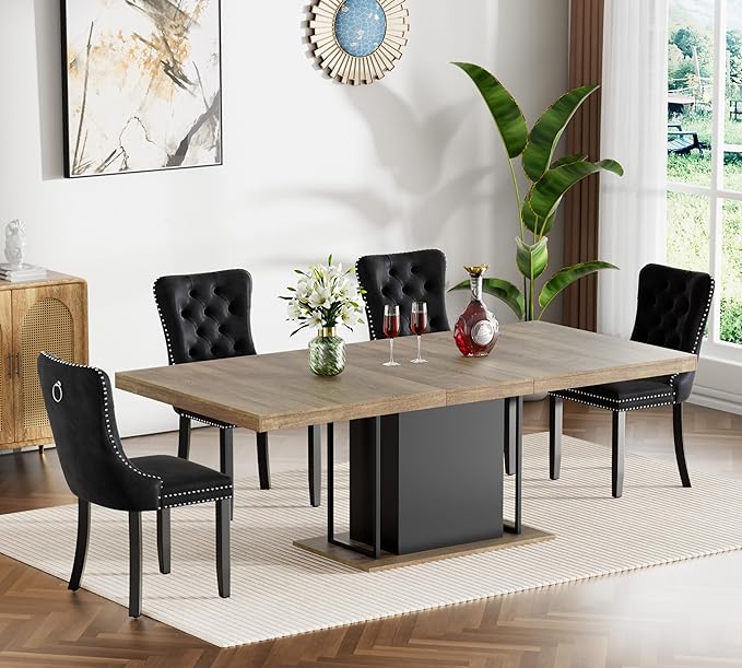 Goujxcy 78.7" Farmhouse Extendable Dining Room Table Set for 4, 5-Piece Rectangle Kitchen Dining Room Table Set with Wood Base and 4 Black Velvet Dining Chairs, Extending Kitchen & Dining Table Set