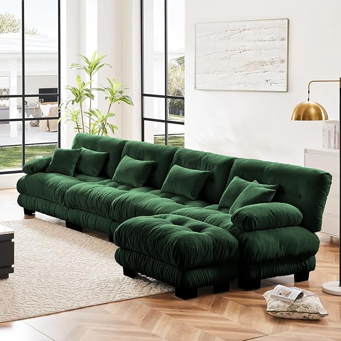 173.2" Oversized Couch, 4 Seater Modular Sectional Sofa, Green Large L Shaped Sectional Couches for Living Room, Fluffy Chenille Fabric Cloud Couch with Ottoman, Deep Seat Sofas