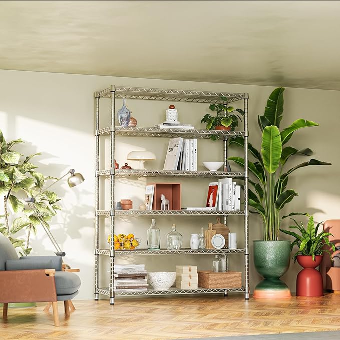 IZEUK 6-Tier Heavy Duty Metal Wire Shelving Unit, Adjustable Storage Rack Organizer for Garage, Kitchen, Office, Pantry, Warehouse (Chrome, 17.7" D x 47.2" W x 82.7" H)
