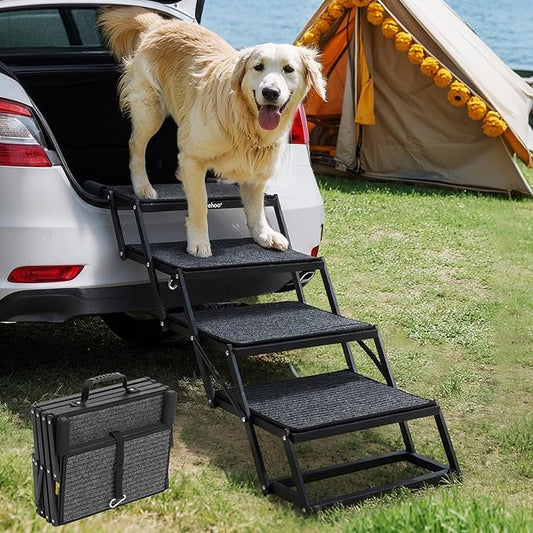 Veehoo Foldable Dog Stairs for Large Dogs, 4 Steps Folding Dog Ramp for Car Sedan Vehicle 17" Wide, Heavy Duty Outdoor Pet Steps Ladder with Non Slip Rug Surface for Old Dogs, Support up to 200 lbs