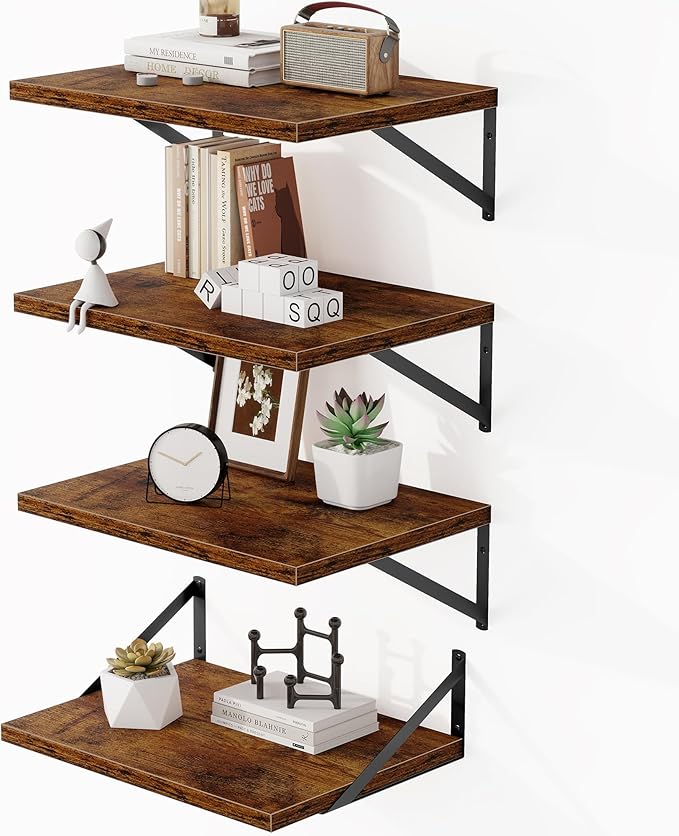 Heimlove 12 Inch Deep Floating Shelves for Wall, 16W x 12D Wide Floating Shelves Heavy Duty Wall Mounted Shelves, Wood Shelves for Living Room Bedroom Bathroom Kitchen- Set of 4