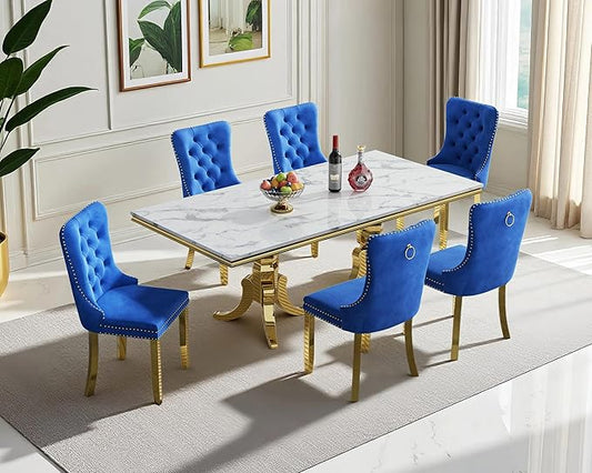 Goujxcy Faux Marble Dining Table Set for 6, Modern 7-Piece Dining Table Set with 6 Velvet Upholstered Chairs, 70" Large Long Faux Marble Kitchen Dining Room Table and Chairs with Stainless Steel Legs