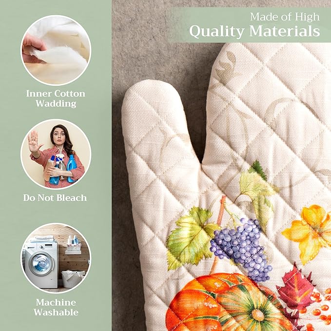 Maison d' Hermine Oven Gloves 100% Cotton Oven Mitt 7" x 13" with Loop Heat Resistant BBQ Cooking Gloves for Thanksgiving Christmas Decorations Baking Handling Hot Pans (Pack of 1, Lumina)