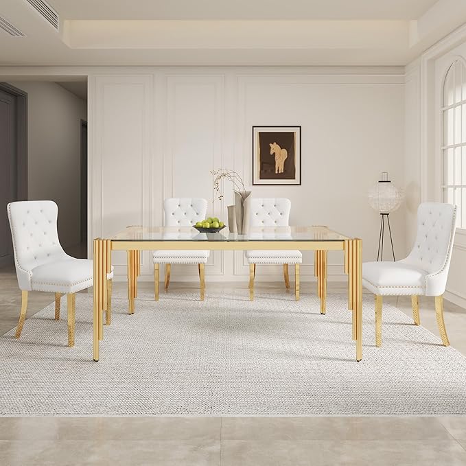 5 Piece Glass Dining Table Set, Modern 63" Rectangle Glass Kitchen Table with 4 White Velvet Upholstered Chairs, Gold Dining Table for 4 with Chairs Set for Kitchen, Living Room