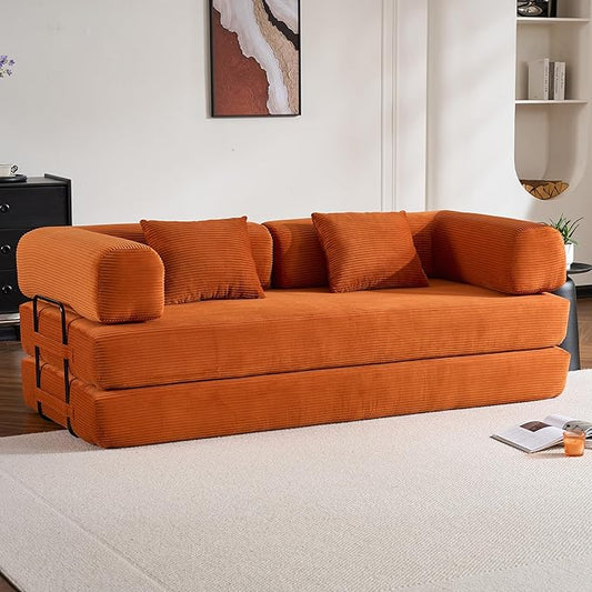Convertible Folding Couch Bed, Comfy Corduroy Sleeper Floor Sofa Bed with Fixed-Shape Frame, Floor Sofa with Armrest, Lounge Couch for Living Room Bedroom Lounge Studio, Orange