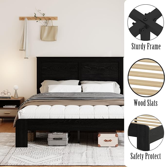 Wooden Bed Frame King Size with Headboard, Farmhouse Platform Bedframe with Wood Slat Support, Sturdy Framework Bed Frame, Easy Assembly (Rustic Black)