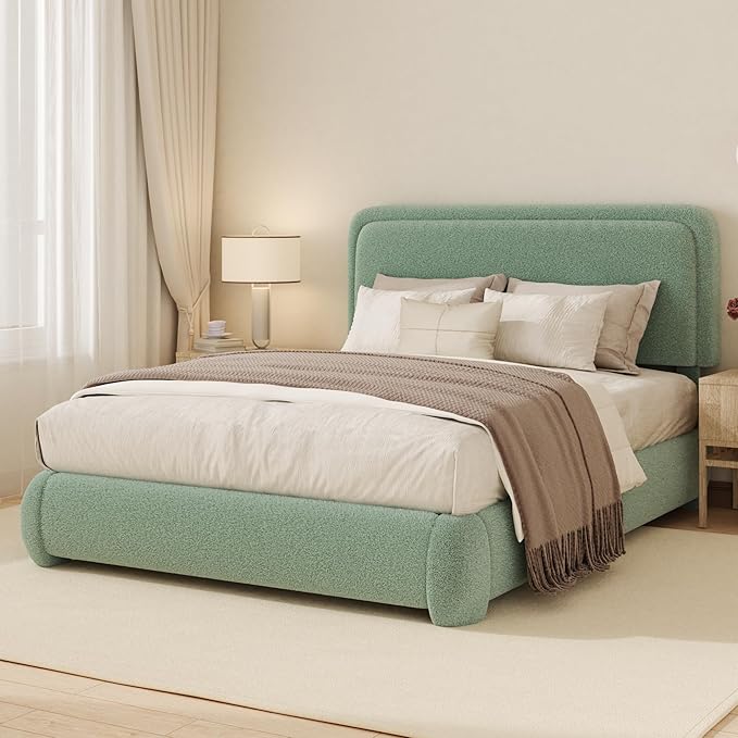 Full Boucle Platform Bed Frame with Height Adjustable Headboard, Modern Upholstered Cloud Bed, Sleek Curved Design, No Box Spring Needed, Easy Assembly, Noise Free,Green